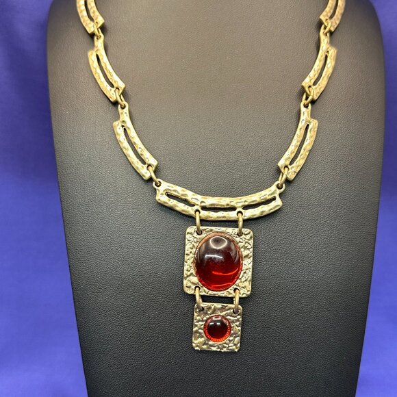 VTG Dana Buchman Gold-Tone Textured Metal Necklace Amber-Colored Cabochons. - Picture 4 of 12